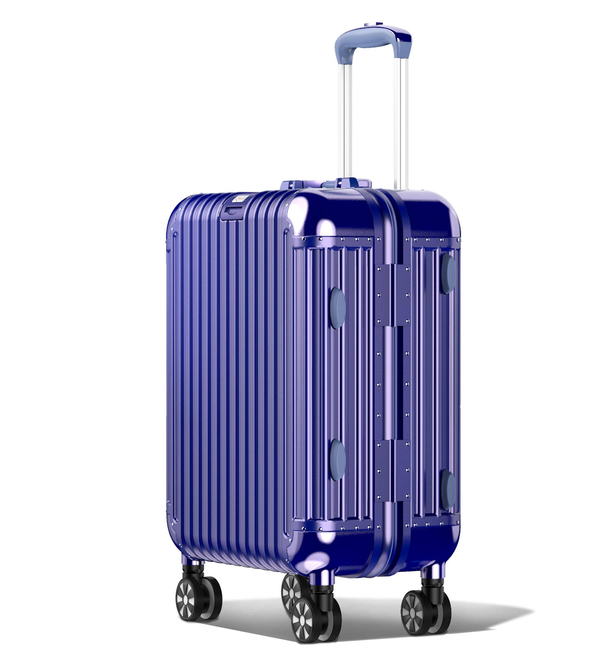 A vertical Blue metallic Check-In 60/25 hard-shell aluminium luggage with an extended telescopic handle, ribbed exterior, and a central latch with side locking mechanisms. It has four double-spinner wheels and is shown against a white background.