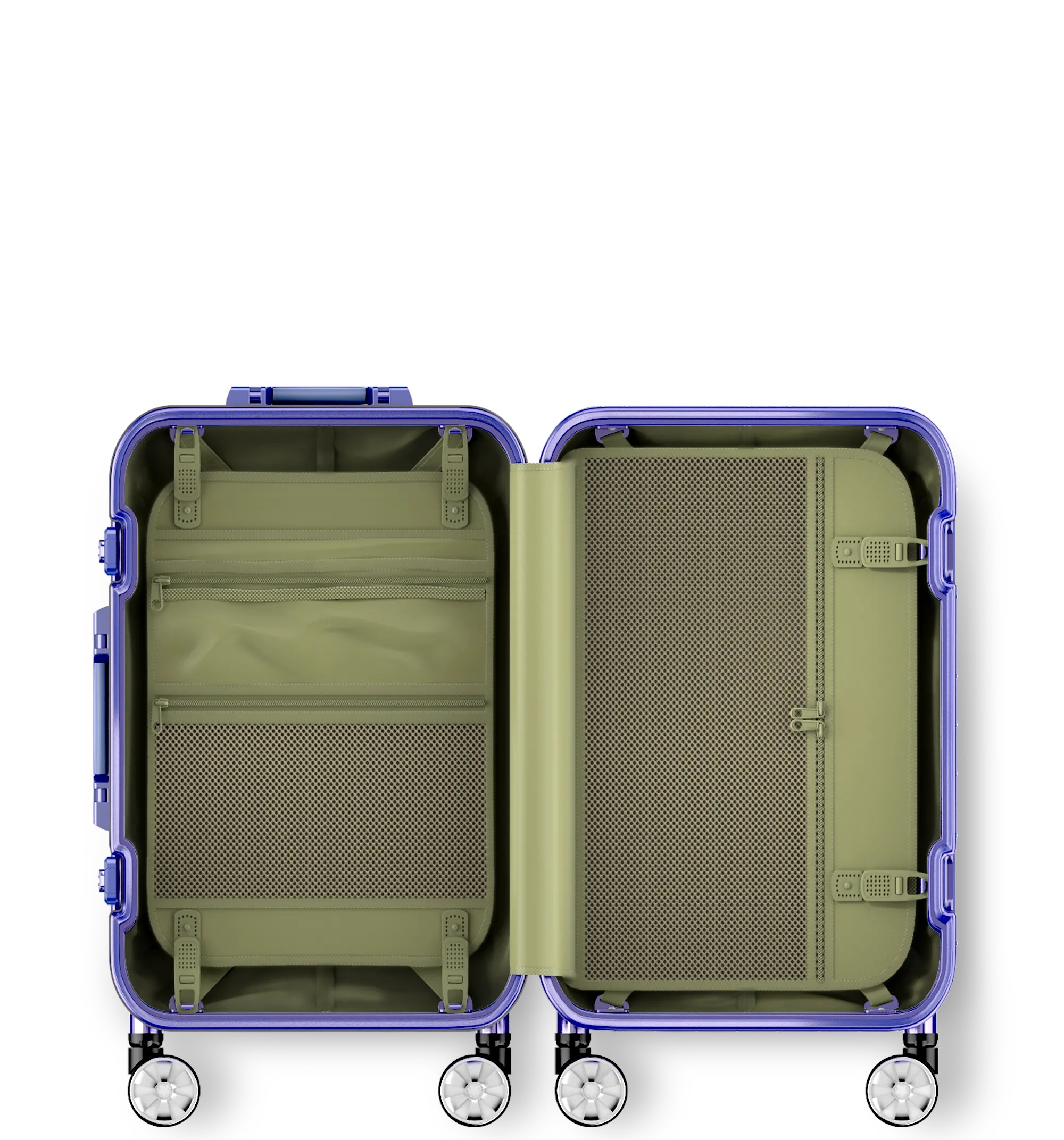 Blue hard-shell cabin in 54/23 luggage viewed from the side, showcasing its telescopic handle, side carry handle, combination lock, protective bumper corners, and dual-spinner wheels, against a white background.