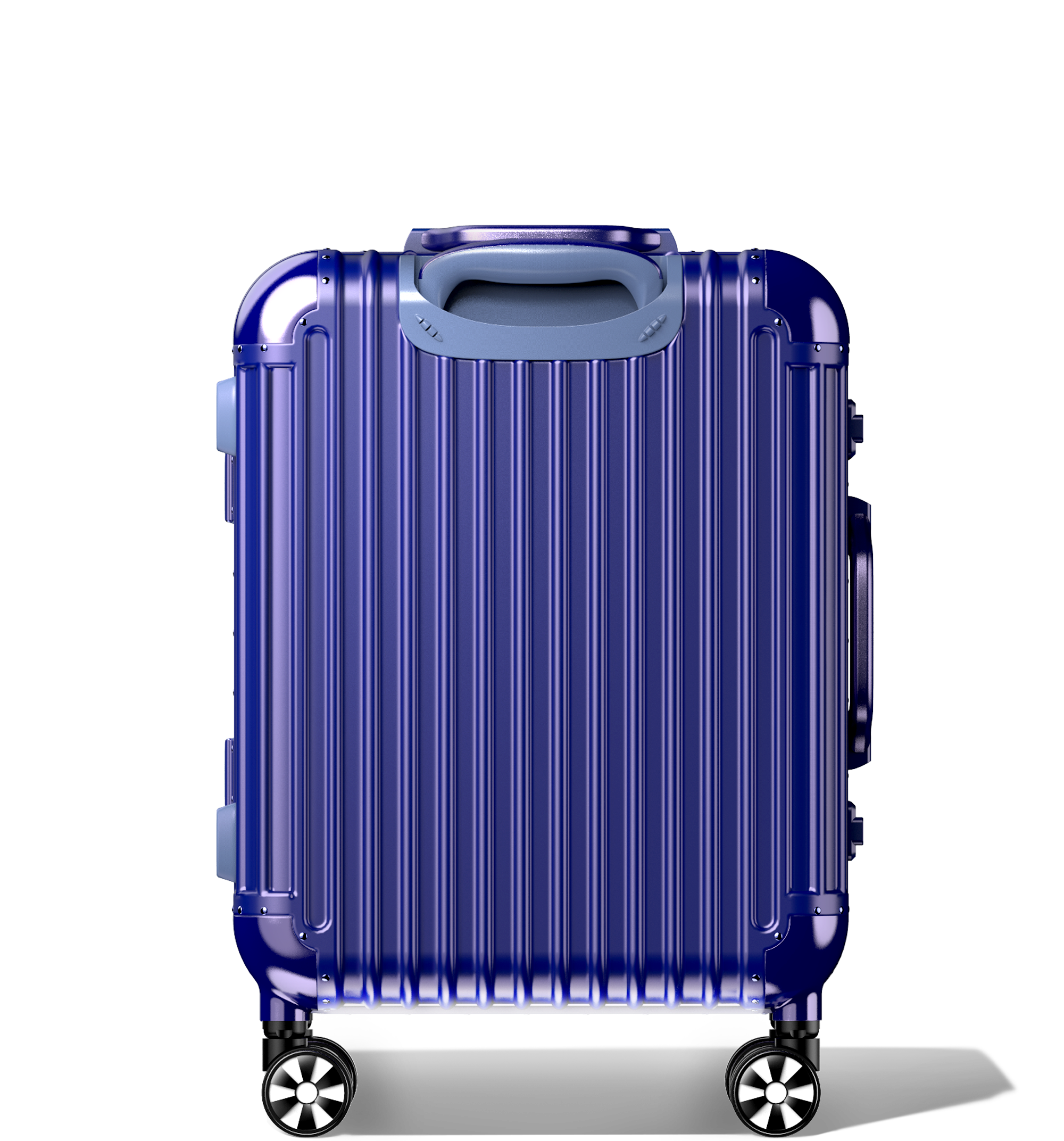 Blue hard-shell carry-on Check-In 60/25 luggage in an upright position with a retractable handle, ribbed design, reinforced