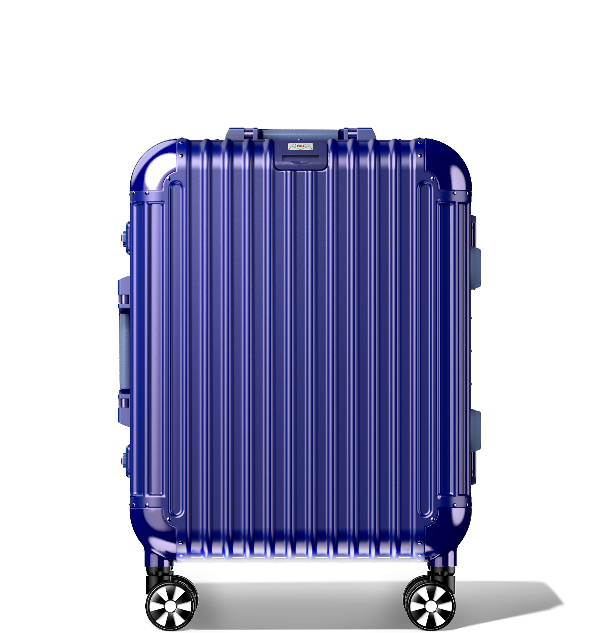 A Blue metallic Check-In 60/25 aluminium hard-shell Luggage standing vertically, featuring a ribbed design, a branded logo plate at the top, reinforced corner protectors, and four multi-directional spinner wheels, displayed against a white background.