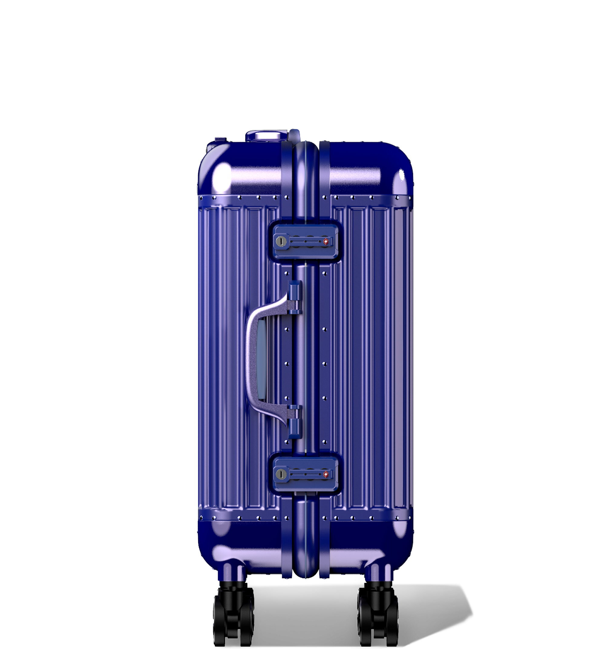 Blue hard-shell Check-In 60/25 luggage viewed from the side, showcasing its telescopic handle, side carry handle, combination lock, protective bumper corners, and dual-spinner wheels, against a white background.