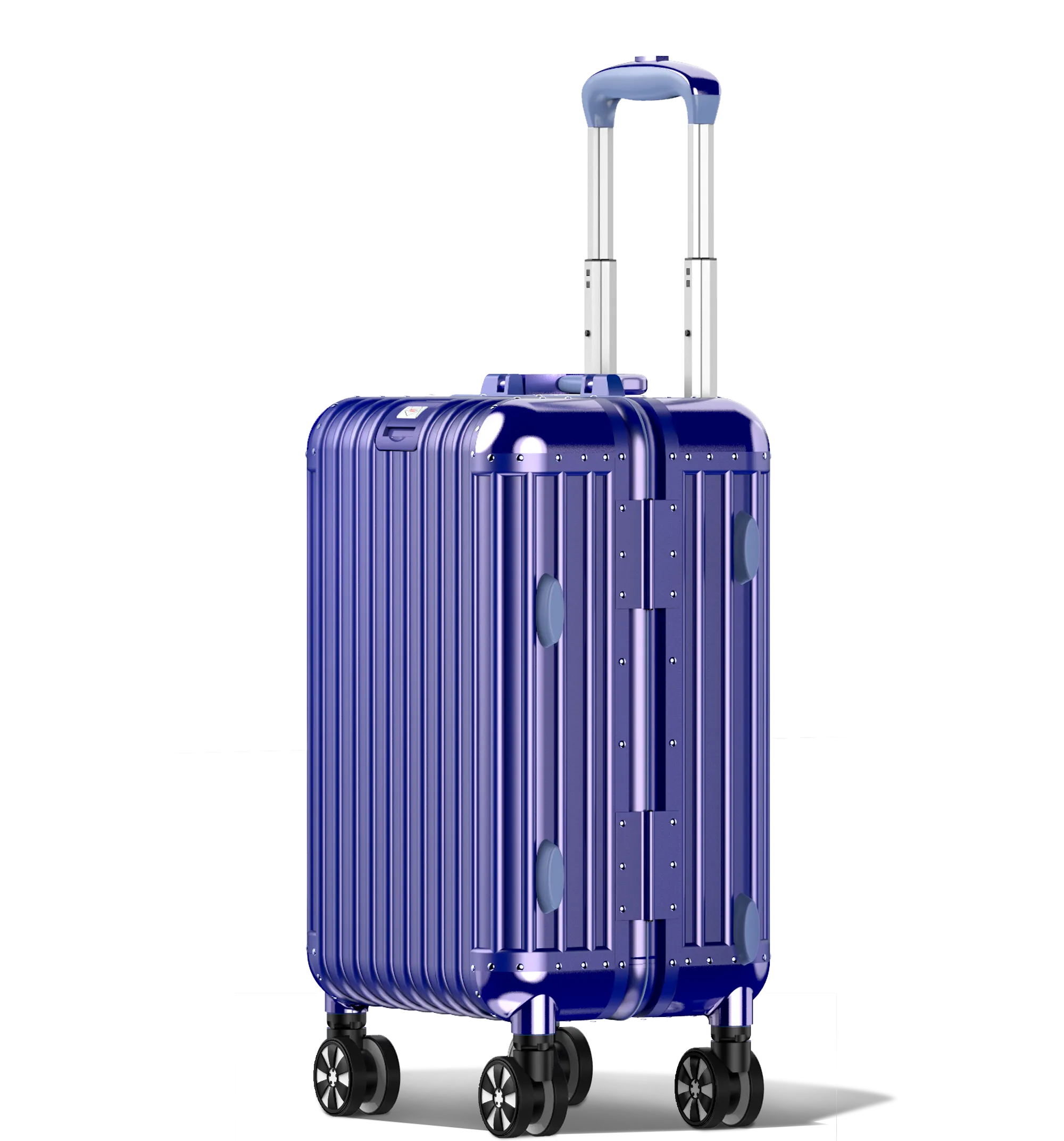 A vertical Blue metallic Cabin in 54/23 hard-shell aluminium luggage with an extended telescopic handle, ribbed exterior, and a central latch with side locking mechanisms. It has four double-spinner wheels and is shown against a white background.