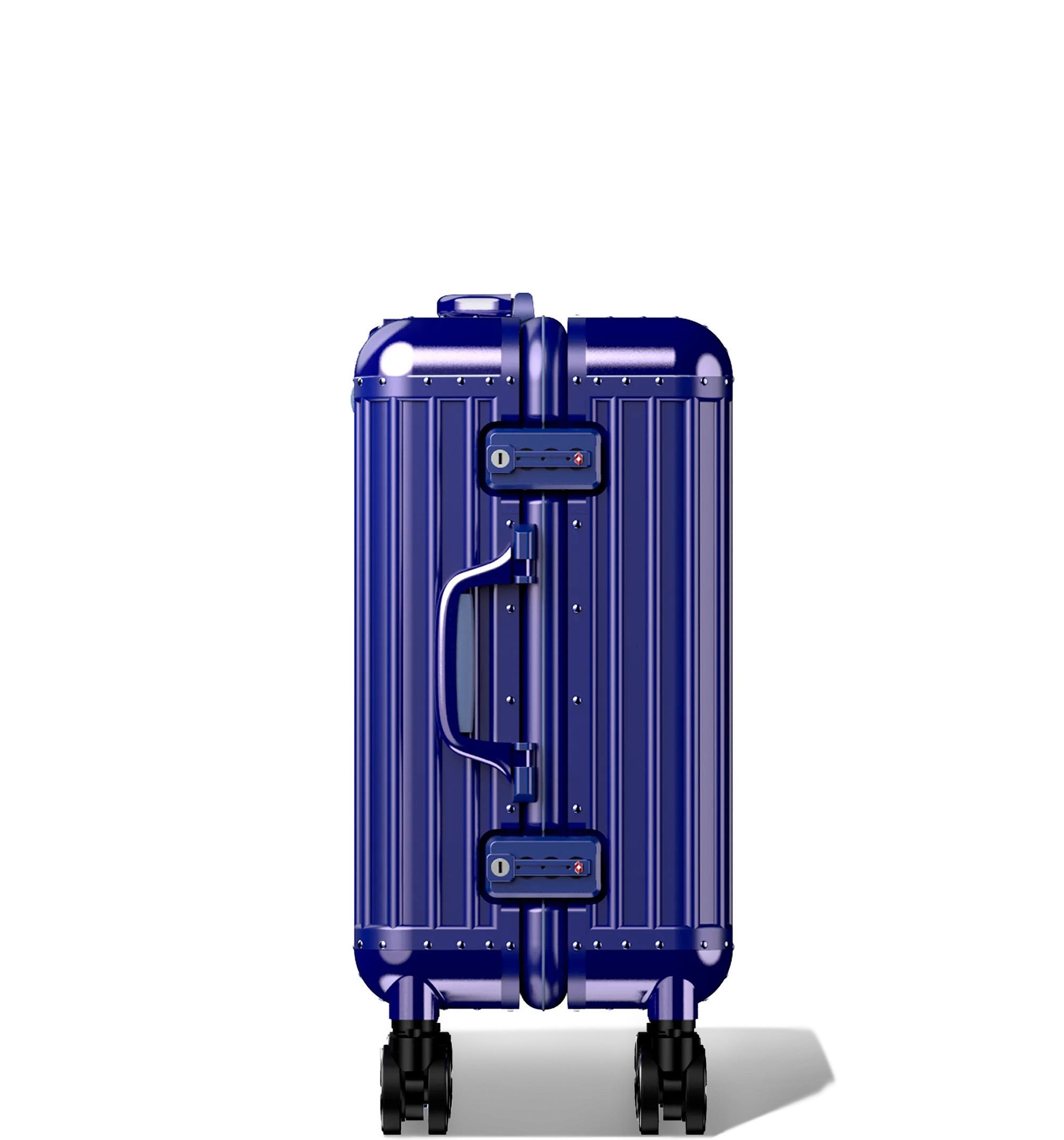 Blue hard-shell cabin in 54/23 luggage viewed from the side, showcasing its telescopic handle, side carry handle, combination lock, protective bumper corners, and dual-spinner wheels, against a white background.