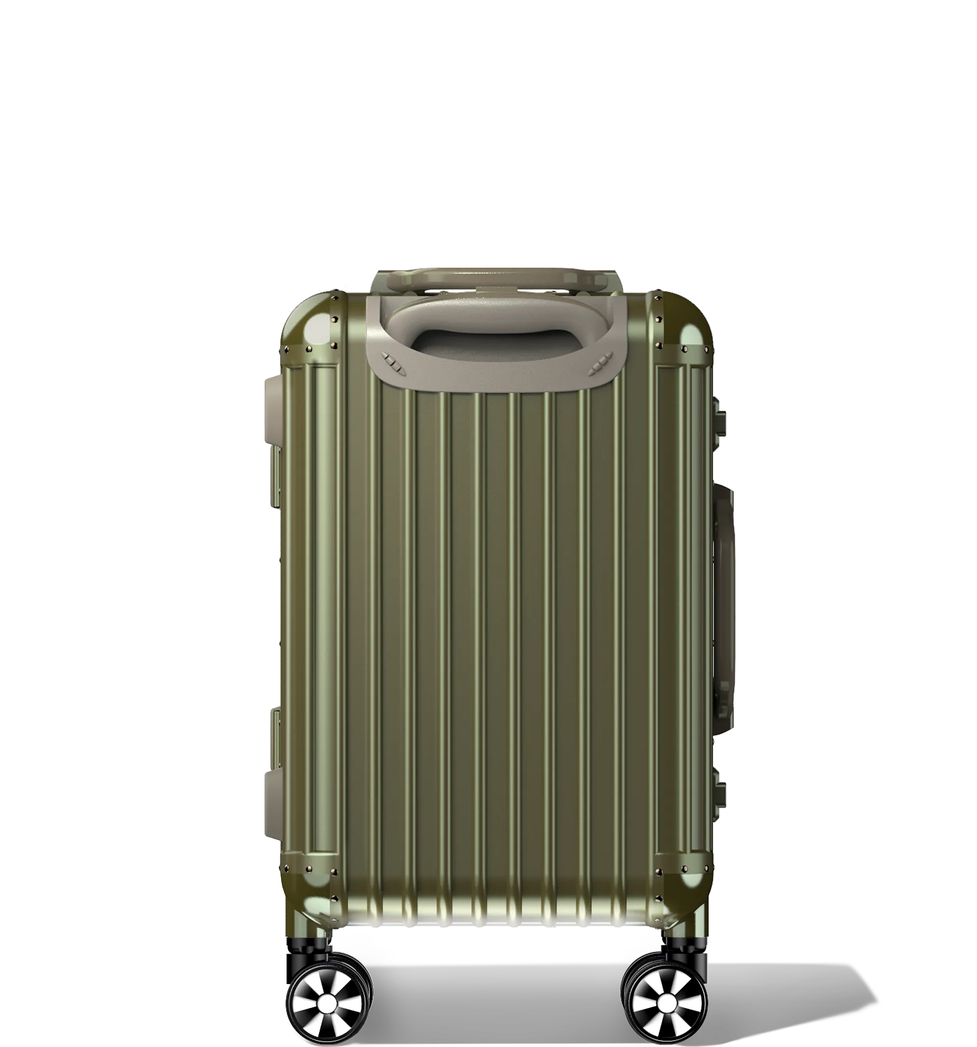 Champagne hard-shell carry-on cabin in 54/23 luggage in an upright position with a retractable handle, ribbed design, reinforced