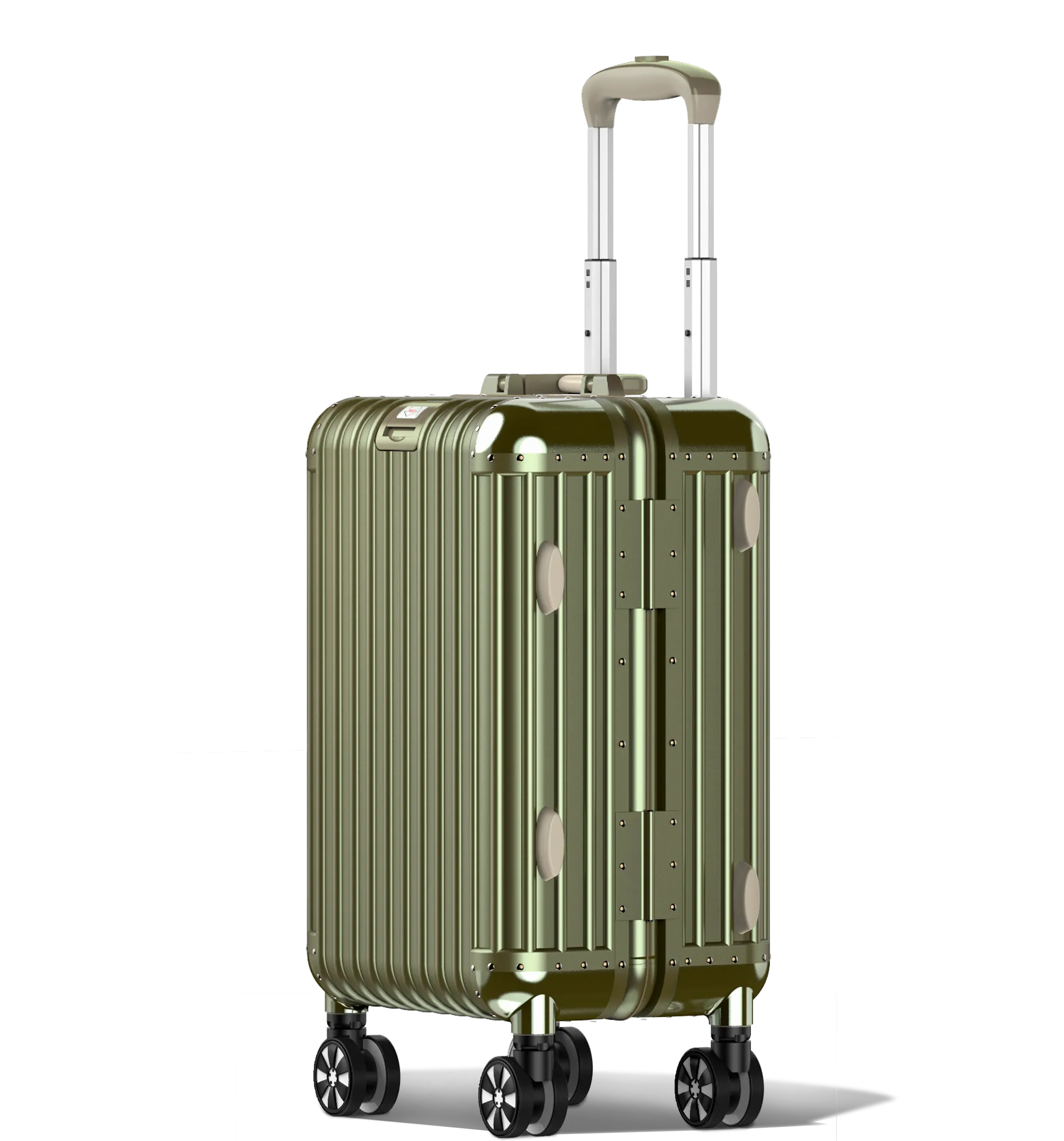 A vertical Champagne metallic Cabin in 54/23 hard-shell aluminium luggage with an extended telescopic handle, ribbed exterior, and a central latch with side locking mechanisms. It has four double-spinner wheels and is shown against a white background.